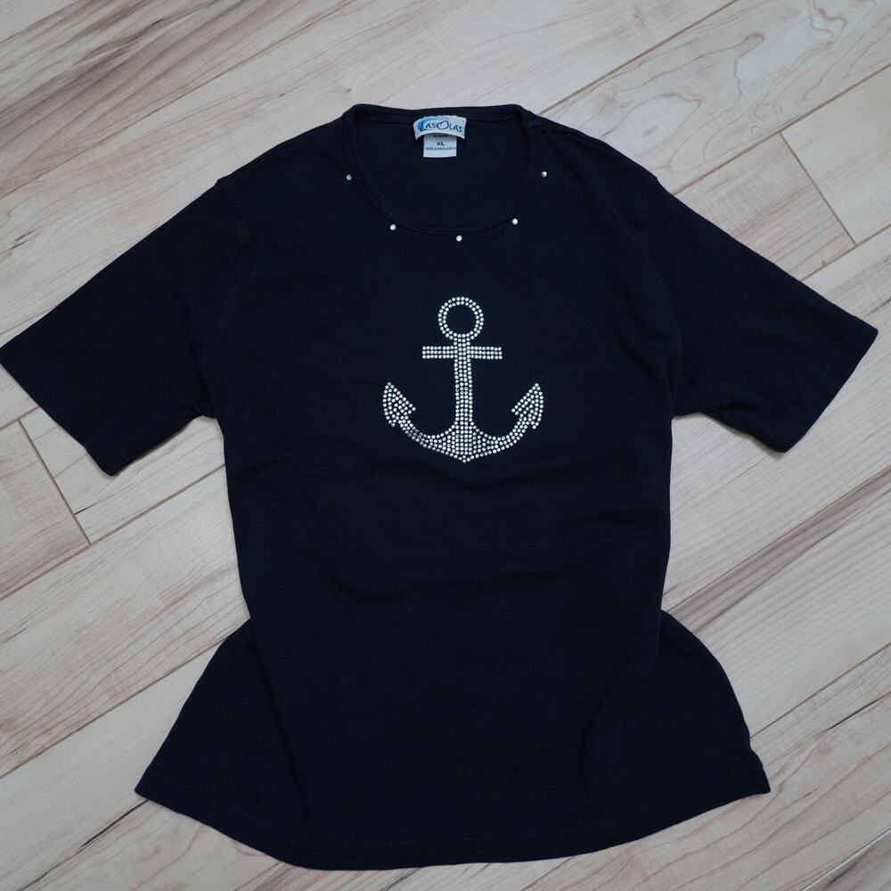 Las Olas Black Rhinestone Anchor Nautical Top Coastal Glam XL Vintage Y2K